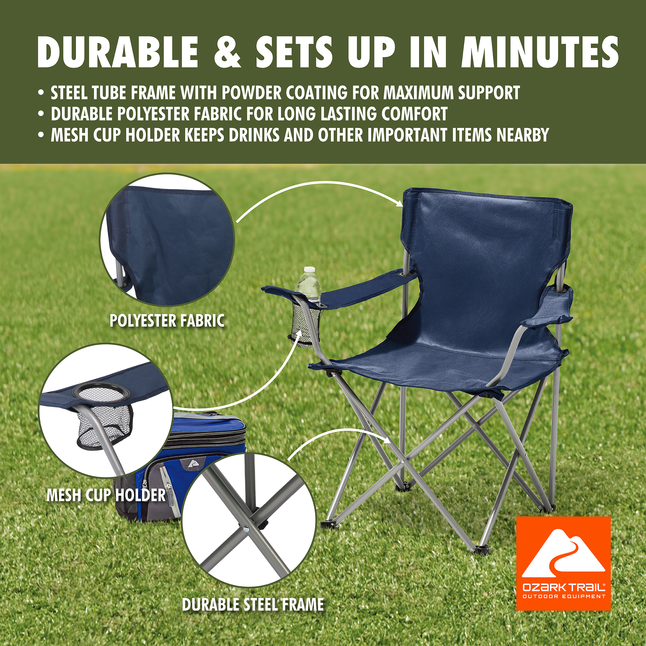 Silla de campamento plegable cuadrada con portavasos, azul oscuro 3