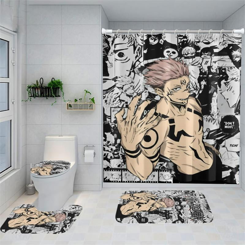 Lheaggik Anime Jujutsu Kaisen 4 Pcs Bathroom Sets with Shower Curtain and Rugs, Waterproof Polyester Shower Curtain Sets with Hooks