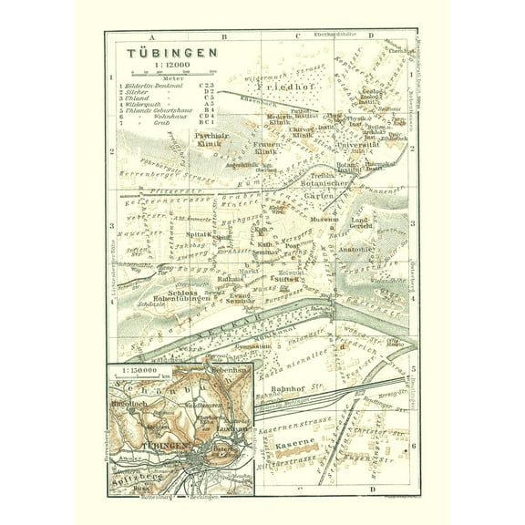 Historic Map - Tubingen Germany - Baedeker 1914 - 23 x 32.13 - Vintage Wall Art