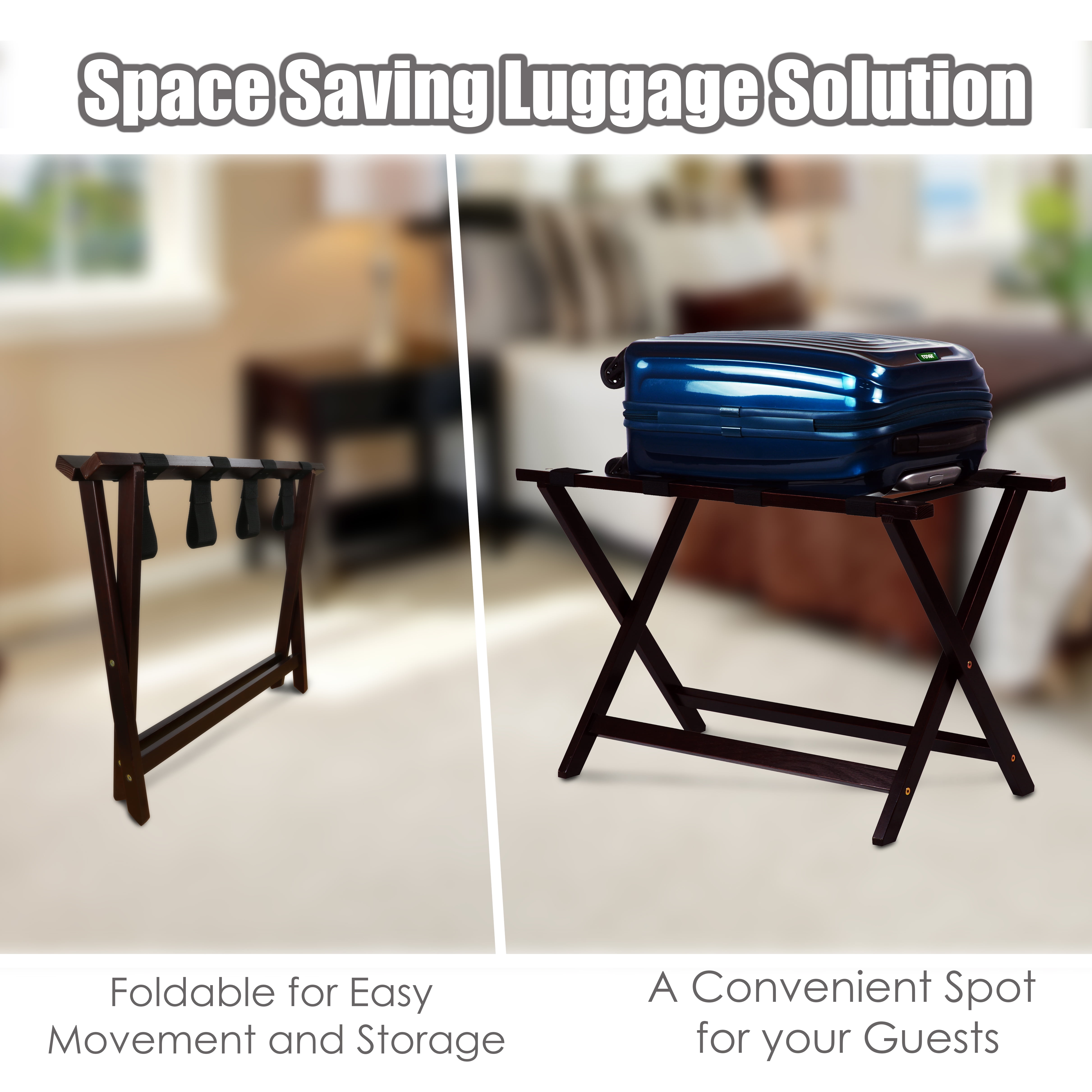 Solid Wood Folding Luggage Rack with Heavy-duty Straps - New Espresso