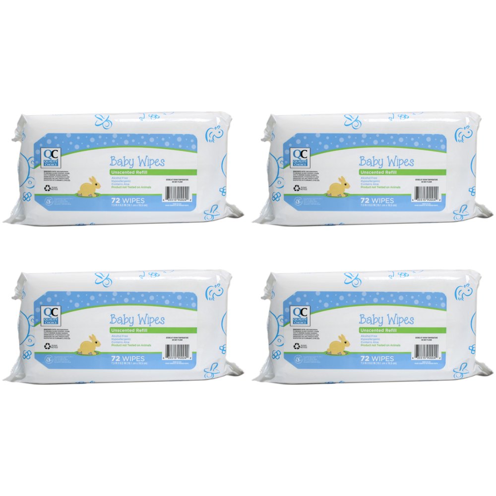 4 Pack Quality Choice Baby Wipes Refills Unscented 72