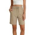 thumbnail image 3 of Bloomae Women's Bermuda Knee Length Athletic Running Long Shorts with Pockets Quick Dry Shorts Drawstring Elastic High Waisted UPF 50+ Side Slit Shorts Khaki XL, 3 of 7