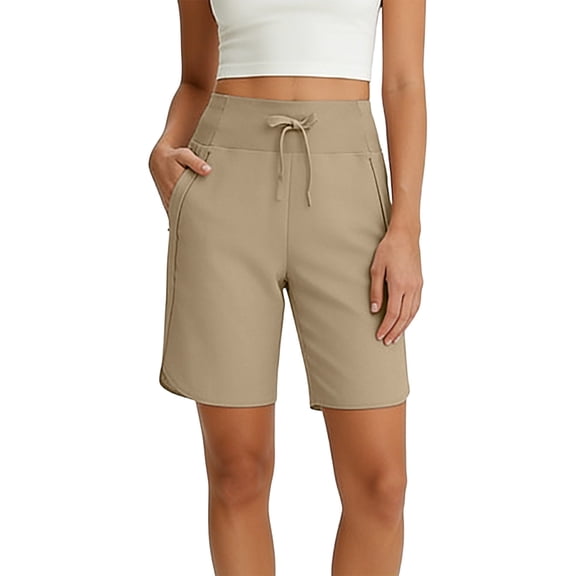 Oiangi Yoga Shorts with Pockets for Women Elastic High Waist Bermuda Shorts Drawstring Bootcut Active Shorts Khaki M