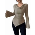 thumbnail image 1 of Women Long Sleeve Cowl Neck Ribbed Knit Fall Shirts Slim Fit Ruched Going Out Crop Tops Basic T-Shirts Khaki XXL, 1 of 9