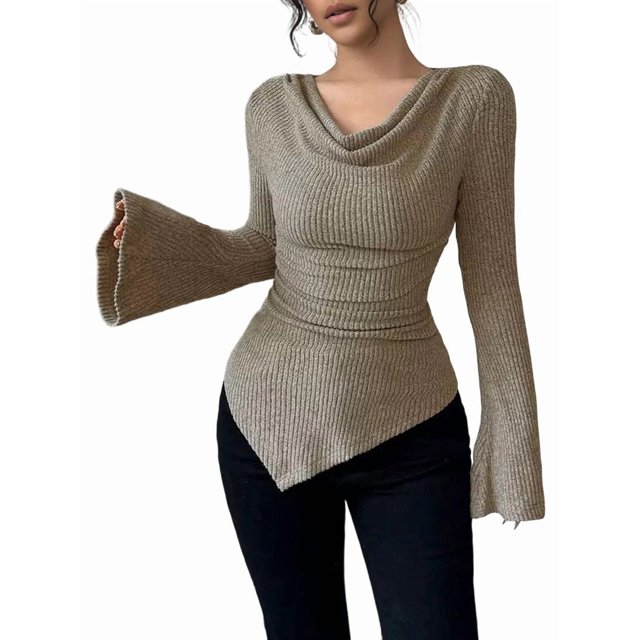Women Long Sleeve Cowl Neck Ribbed Knit Fall Shirts Slim Fit Ruched Going Out Crop Tops Basic T-Shirts Khaki XXL
