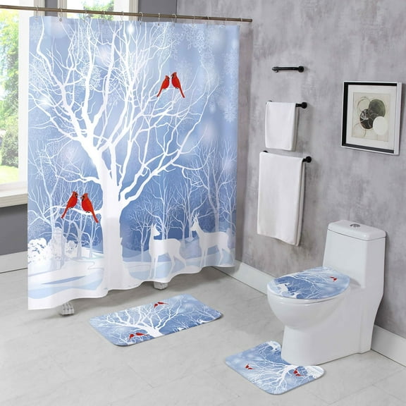 4 Pcs Winter Wonderland Shower Curtain Sets with Rugs Christmas Bathroom Set Home Bath Bathtub Decor Durable Curtains Mats for Bathroom 72 x 72 Inch