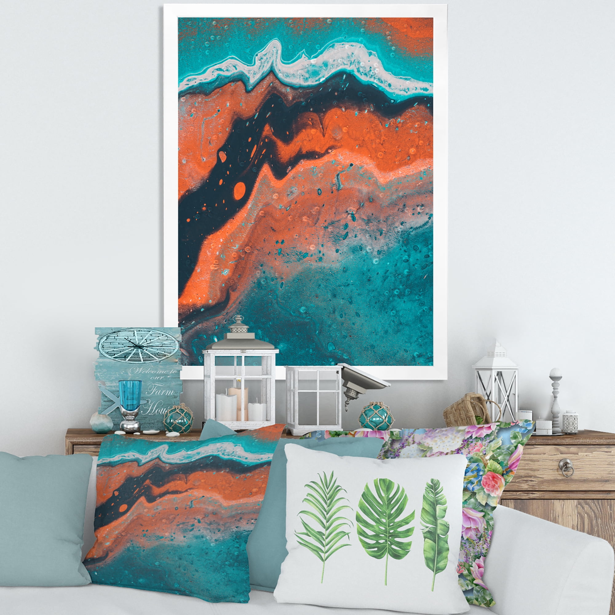 Designart 'Abstract Marble Composition In Orange and Blue VI' Modern Framed Art Print