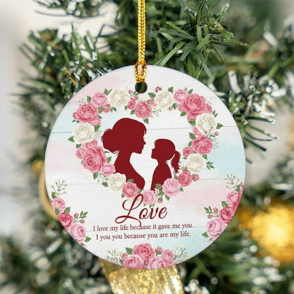TiniDecor Mother and Daughter Love Ornament 2025, Round Ceramic Keepsake, Floral Heart Design