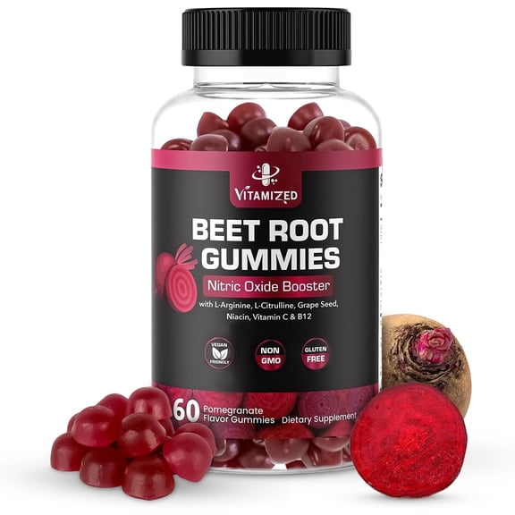 Vitamized Beetroot Gummies with Grape Seed & B12- Pomegranate Flavor, 60 Count