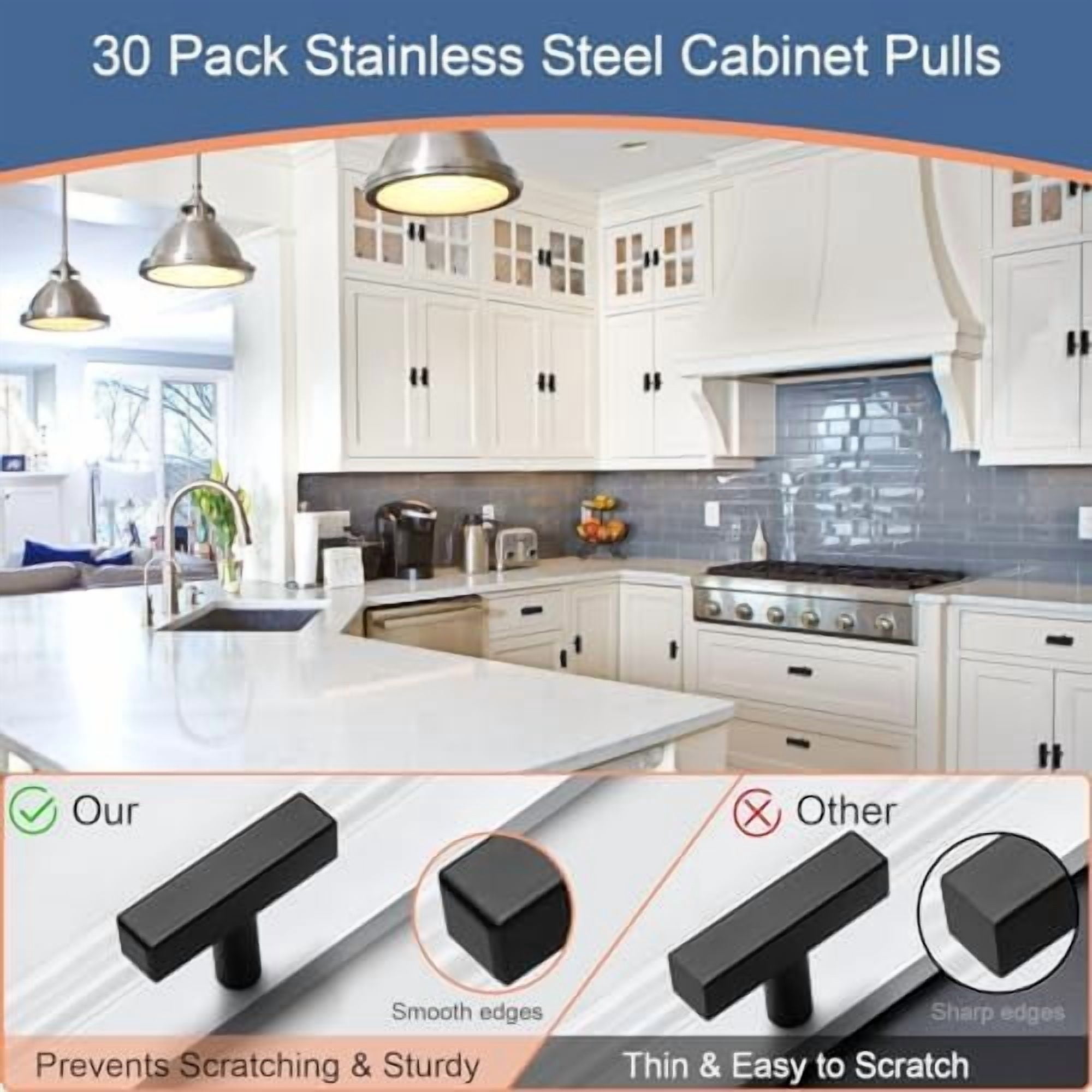 30 Pack Square Cabinet Knobs Matte Black Drawer Knobs 2" Length, Single Hole Kitchen Knobs for Cabinet Pulls, Stainless Steel Cabinet Handles for Bedroom Bathroom Office