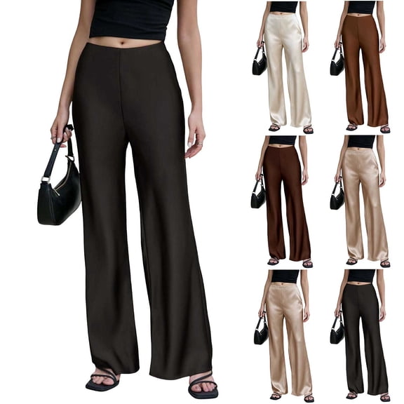 FNFYFH Womens Silk Satin Wide Leg Pants Casual Loose Soft Work Slacks Elastic High Waisted Business Dress Pants
