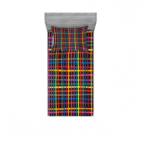 Geometric Bedding Set with Sheet & Covers, Minimalist Style Checkered Vivid Color Crooked Stripes on a Black Background, Printed Bedroom Decor 2 Shams, 4 Sizes, Multicolor, by Ambesonne