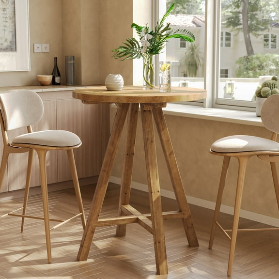 Finmind Solid Wood Bar Table, 31.5" Round Pub Bistro Table for Cafe, Dining Room, Kitchen, Living Room, Brown