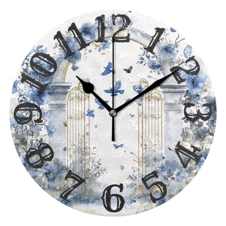 Blue Floral Gates Wall Clock 10 inch Non-Ticking Easy to Read Decorative Clocks for Home Bedroom Living Room