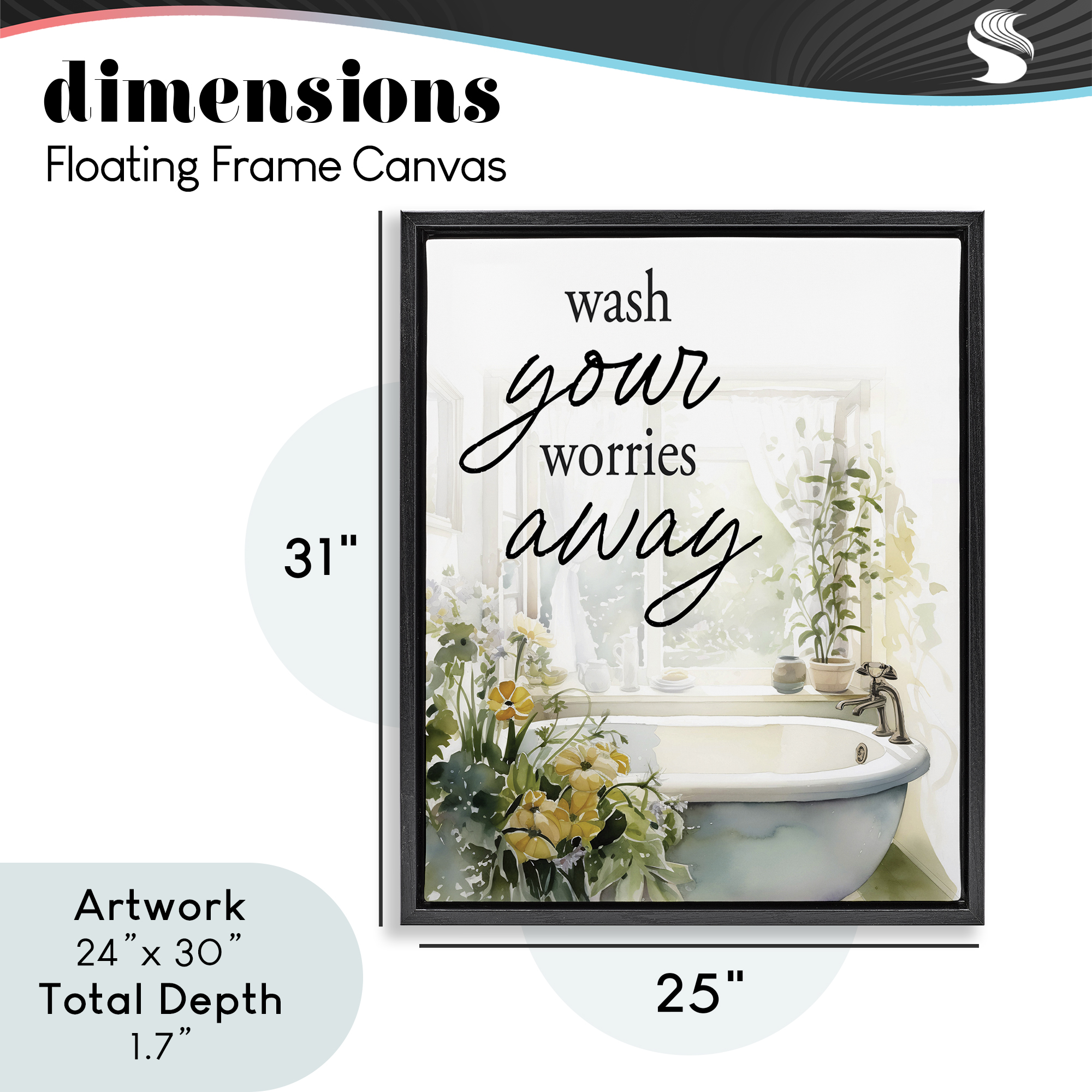 Wash Worries Away Sunlit Bath Black Framed Floater Canvas Wall Art, design by Lettered and Lined