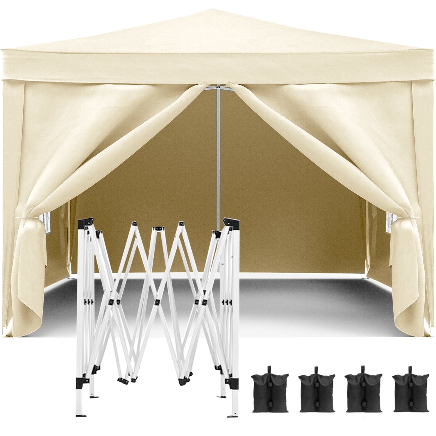 Aimee Lii 120"x120" Pop Up Tent, Backyard Canopy Gazebo with Sidewalls, Outdoor Patio Awnings for Party Camping BBQ Events, Beige