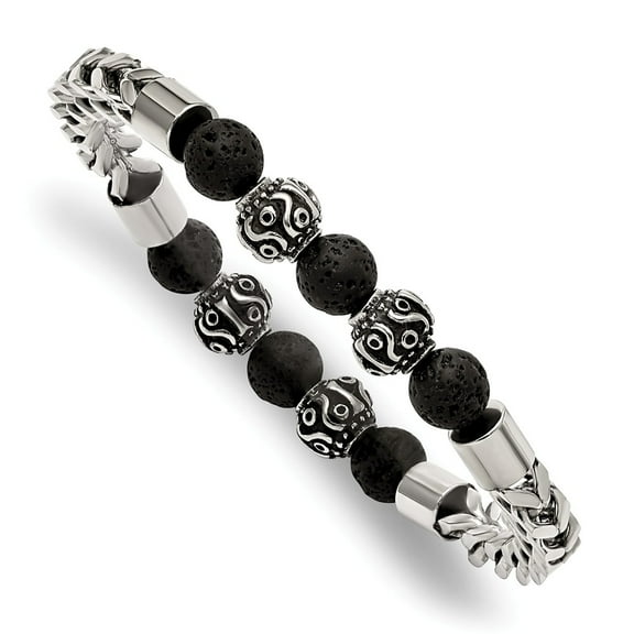 Primal Steel Stainless Steel Antiqued and Polished with Lava Stone Beads Stretch Bracelet