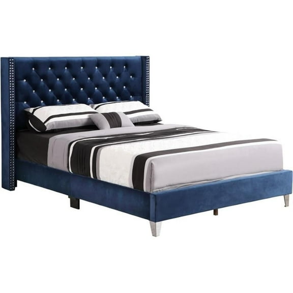Maklaine Transitional Upholstered Velvet Full Bed in Navy Blue