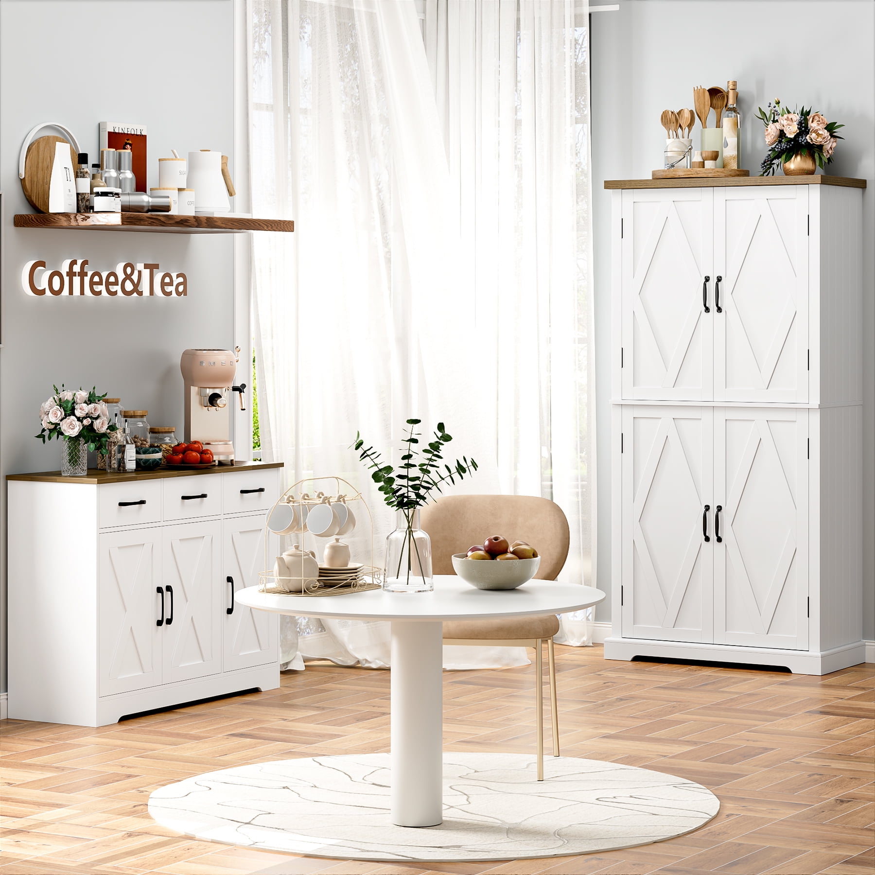 Homfa Farmhouse 63"H Kitchen Pantry Cabinet with Adjustable Shelf, Modern Wood Storage Cabinets for Small Space Department, White
