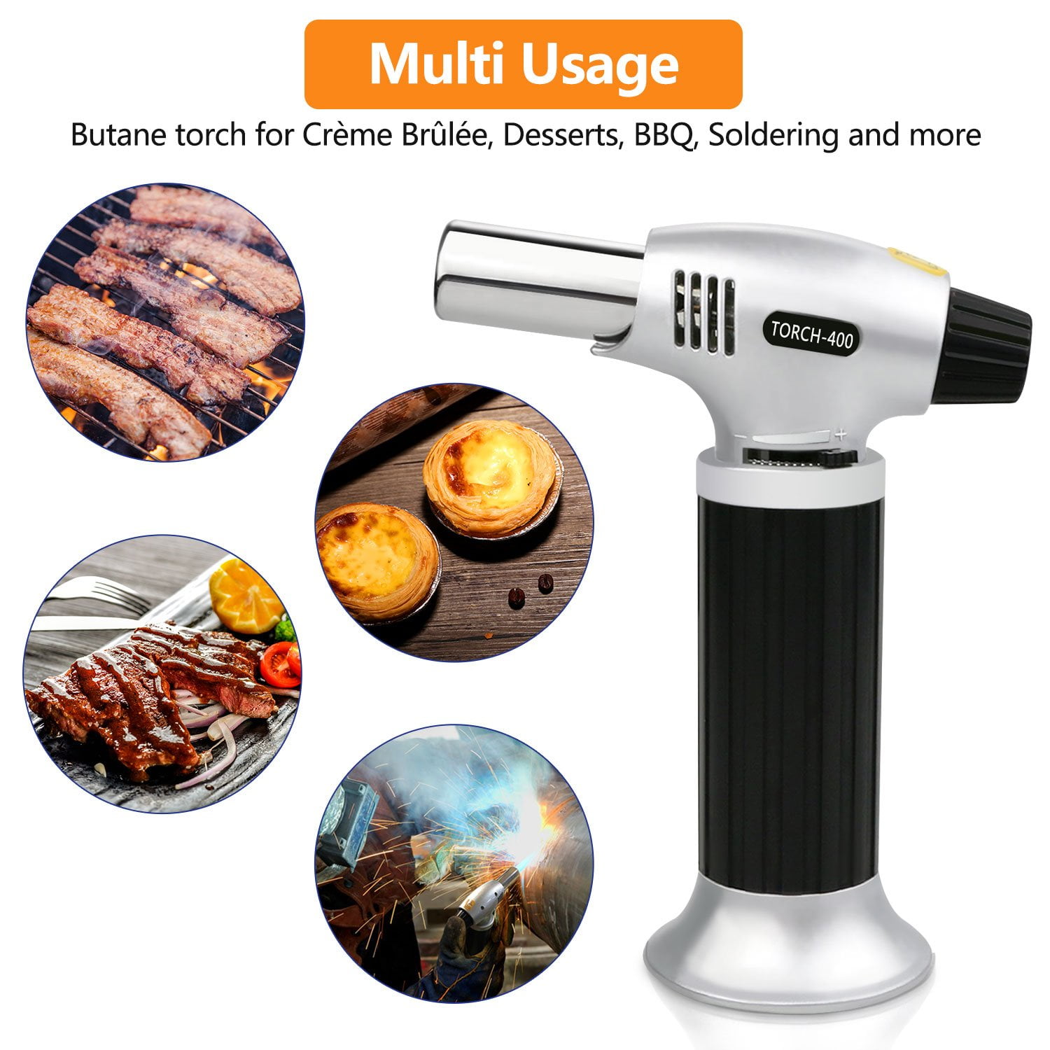 Culinary Butane Torch Blazing Pastries Meat Buta DIY Soldering Desserts Seafood Baking BBQ Refillable Kitchen Blow Torch Lighter with Safety Lock Adjustable Flame for Creme Brulee Camping 