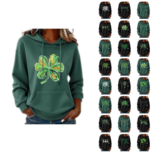 Chandails à Capuchon pour Femmes de la Saint-Patrick 2026 à Manches Longues avec Graphique de Trèfle et Poches