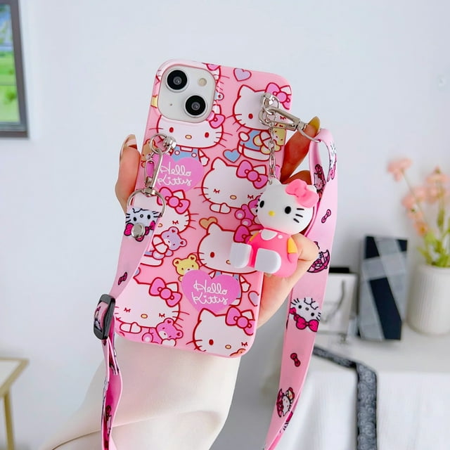 For iPhone 6 6s 7 8 X Xs Max XR 11 12 13 14 15 Pro SE Max Hello Kitty Phone Case With Holder Rope
