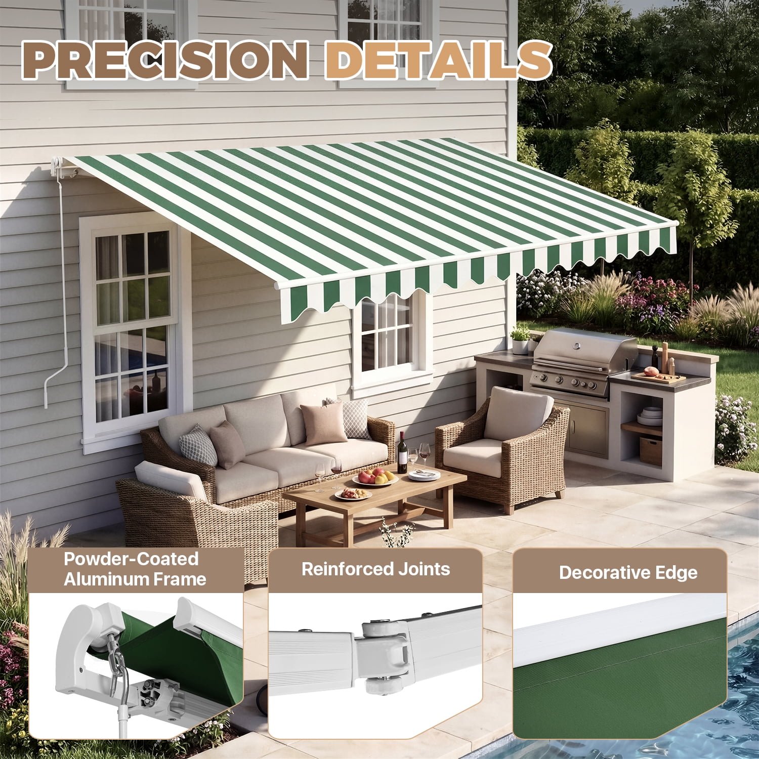 BaPiPro 12'x10' Manual Retractable Awning for Patio, Outdoor Sun Shade Waterproof Fabric Canopy with Crank Handle, UV Protection for Deck Balcony,Green