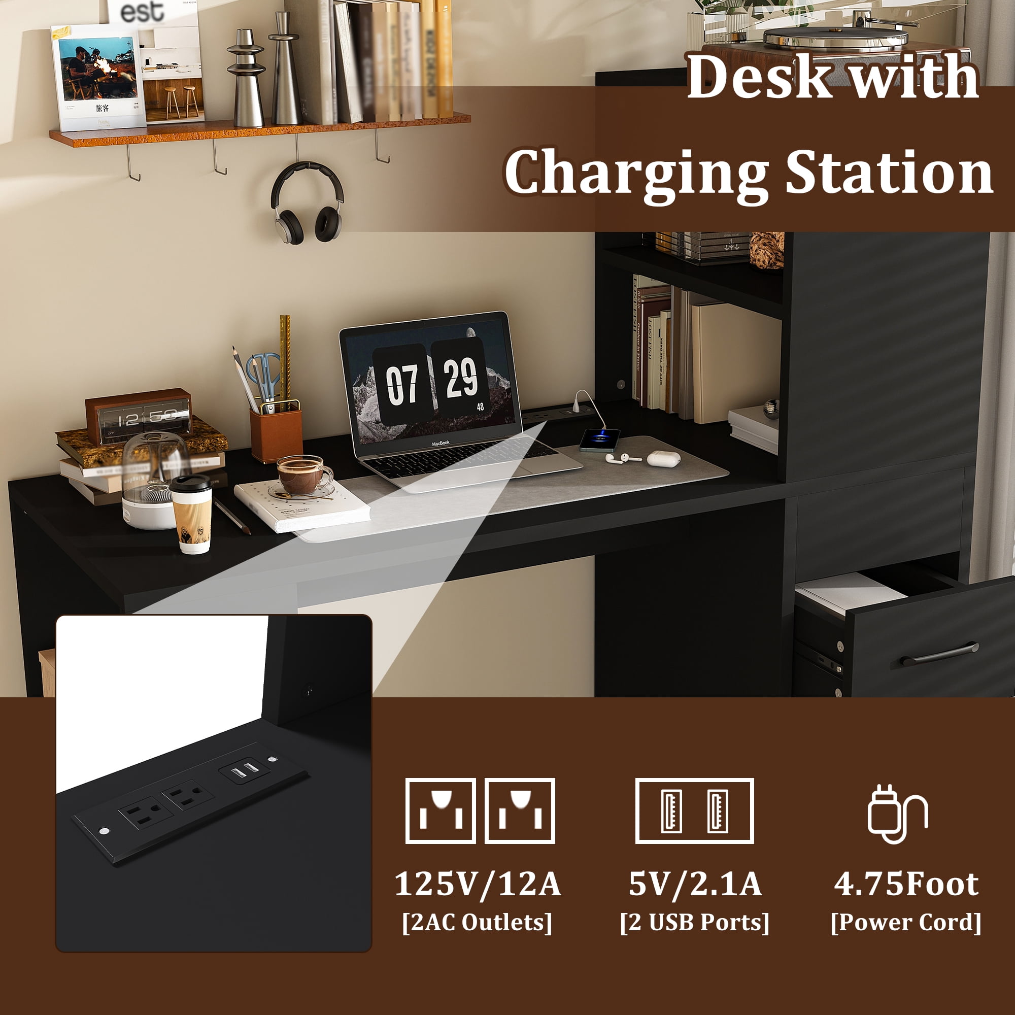 Computer Desk with 4-in-1 Charging Socket and 3 Slide Drawers, 4-Shelf Storage Workstation for Home Office and Study, Black