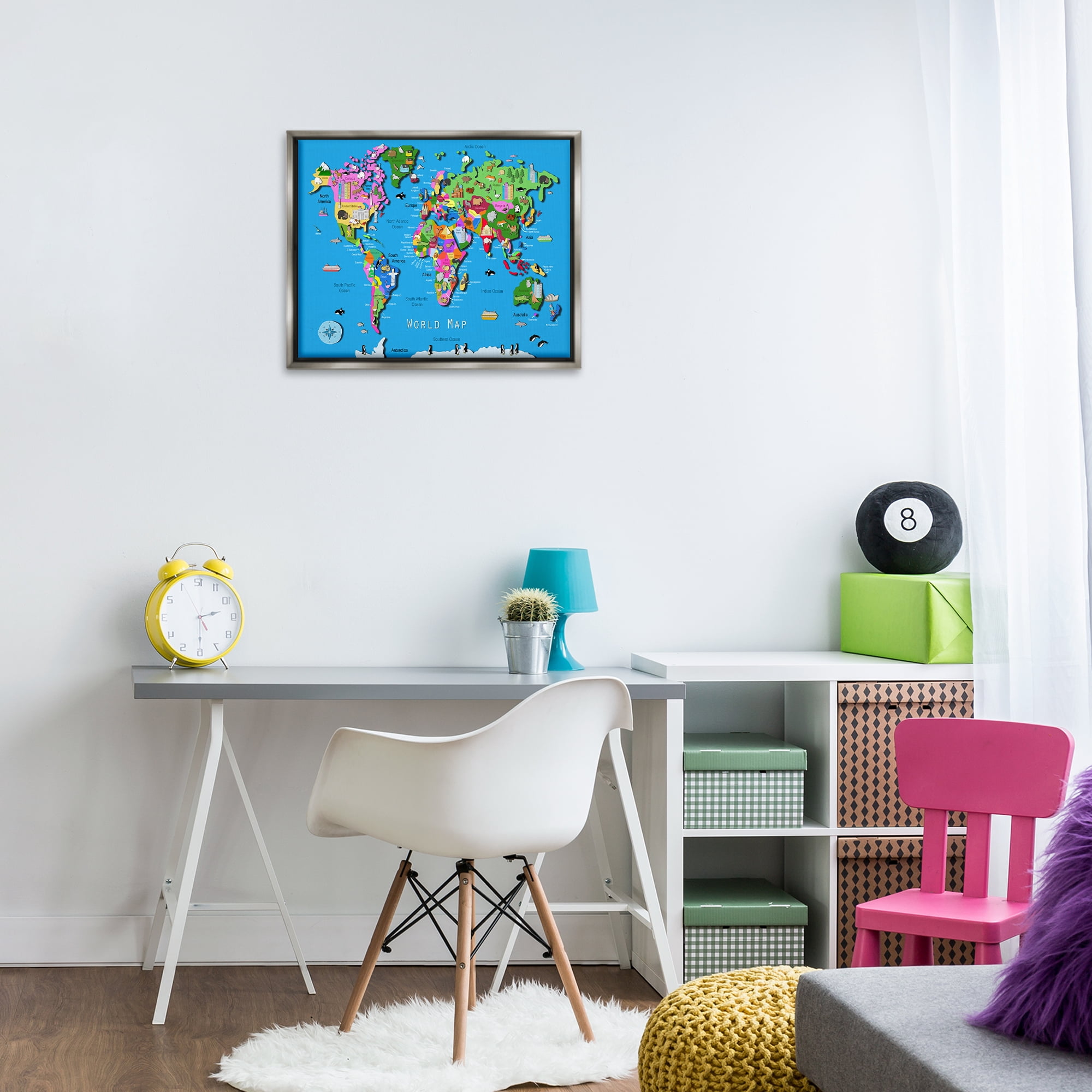 Stupell Industries Educational World Map Town & City Painting Gray Floater Framed Art Print Wall Art, 21 x 17