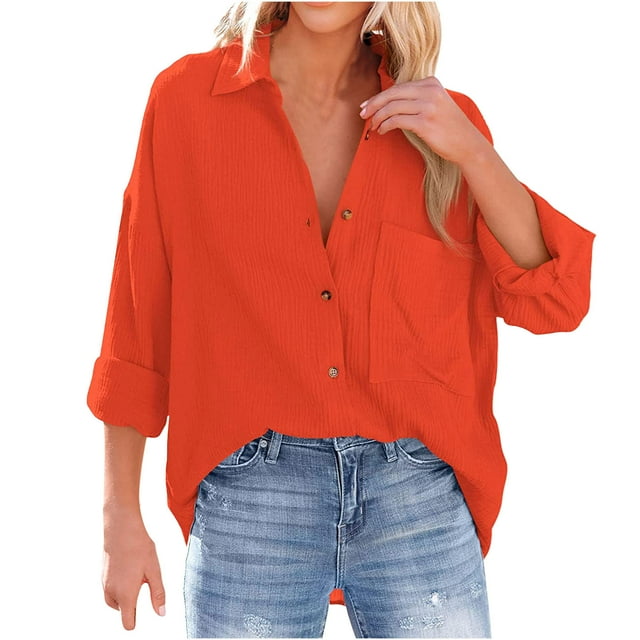 Women's Spring Fall Button Down Shirts Blouse Long Sleeve Lapel Solid Casual Oversized Jackets Tops with Pockets