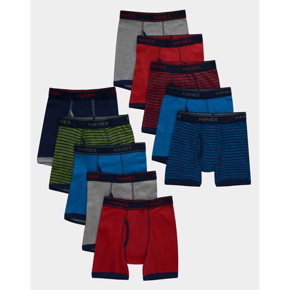 Hanes Comfort Flex Fit Boys' Ringer Boxer Brief Underwear, 10-Pack Assorted L