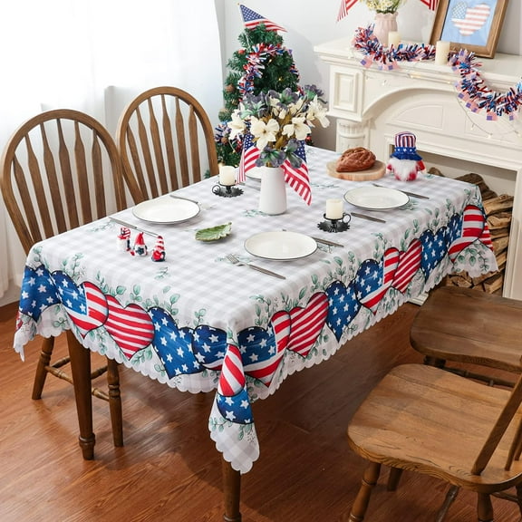 4th of July Tablecloth 60 x 84 Inch, Patriotic Decor Waterproof Memorial Day Decor Star 4th of July Decorations for Home Scallop Edge Table Cover Indoor Outdoor Party Dining Table Decorations