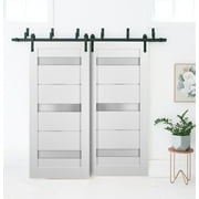Barn Bypass Doors 84 x 84 with 6.6ft Hardware | Quadro 4055 White Silk with Frosted Opaque Glass | Sturdy Heavy Duty Rails Kit Steel Set | Double Sliding Lite Panel Door