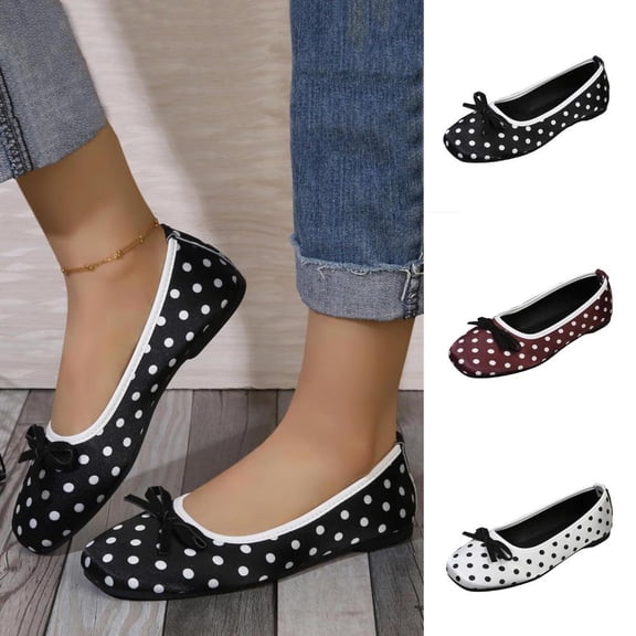 Bxsruta Polka Dot Bow Decor Ballet Flats for Women, Comfort Cotton Polyester Casual Slip on Shoes