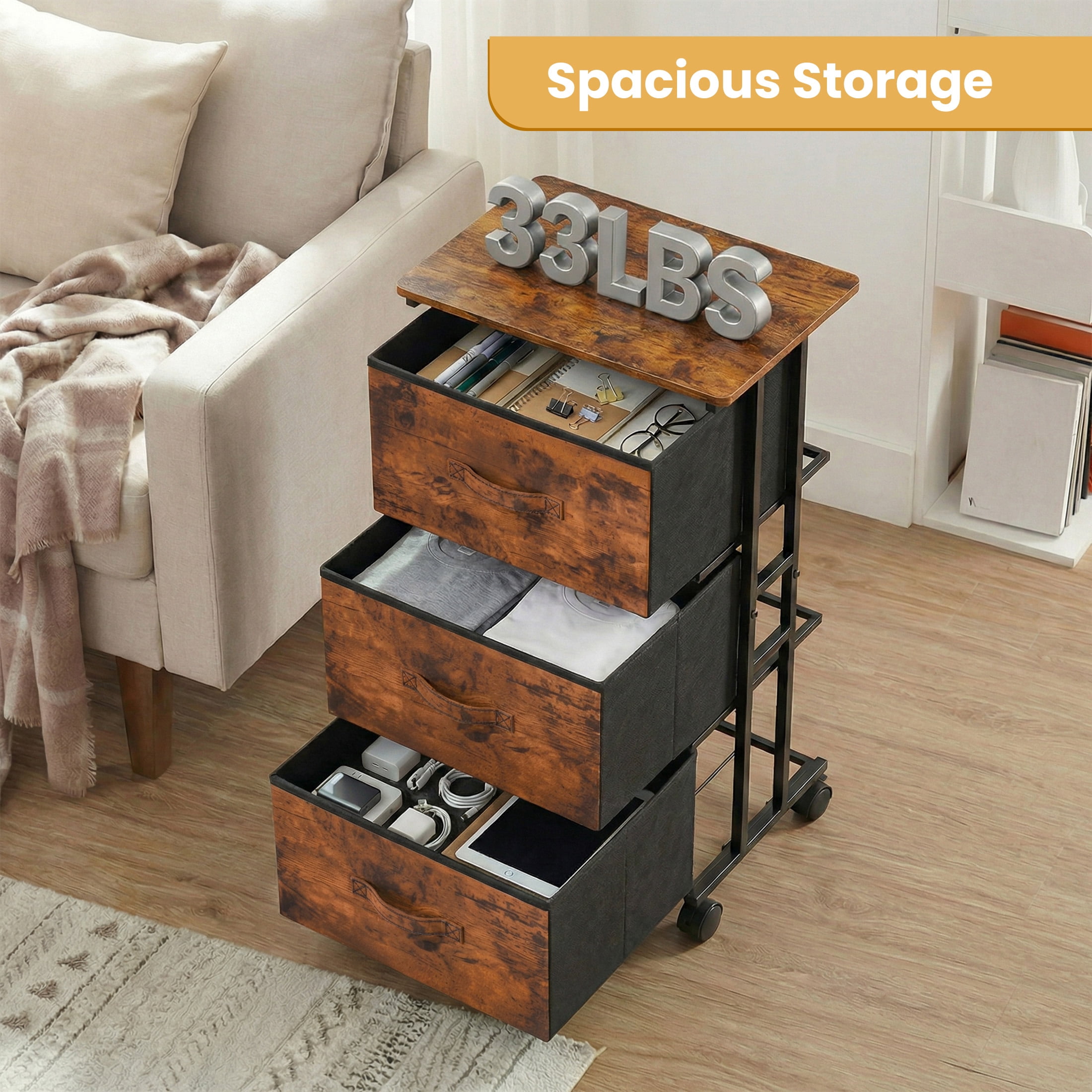 CONCETTA Dresser Storage with 3 Drawers, Storage with Wheels for Bedroom, Home Office, Rust Brown