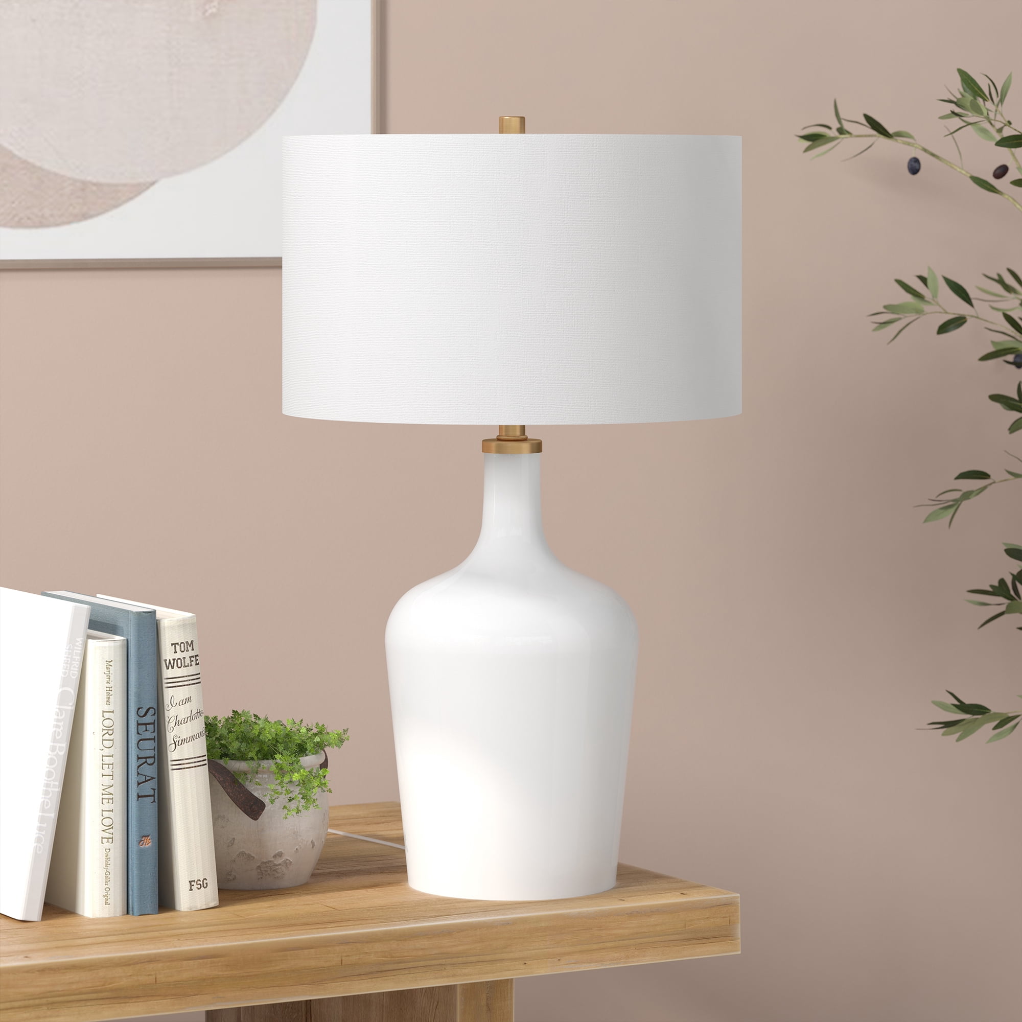 Evelyn&Zoe Sebago 25" Tall Table Lamp with Fabric Shade, White/White