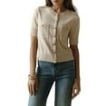 thumbnail image 3 of Women'S Autumn Simple Elegant Double Pocket Metal Button Knit Top Temperament Round Neck Cardigan Khaki L, 3 of 7