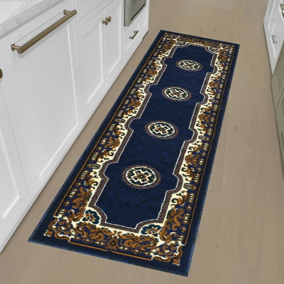 HR HANDCRAFT RUGS, Livingroom Rugs Bohemian Rugs, Shed Free Stain Resistant Easy Clean, Navy Blue and Multi, 2' x 7' Runner Rug