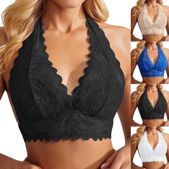 SwiftWear Women's Lace Halter Bralette No Underwire Side Closure Backless Wireless Plung Bra Fashion