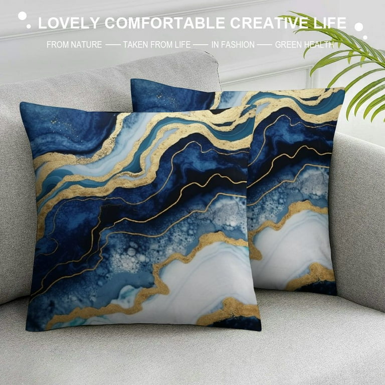 QZHH Blue and Gold Throw Pillows Covers, Decorative Gold and Blue