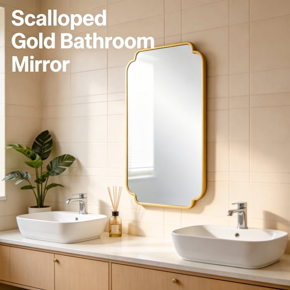 Gold Scalloped Framed Bathroom Mirror, 27.5" x 35.4" Rectangular Wall Mounted Decorative Mirror for Bathroom Bedroom Vanity