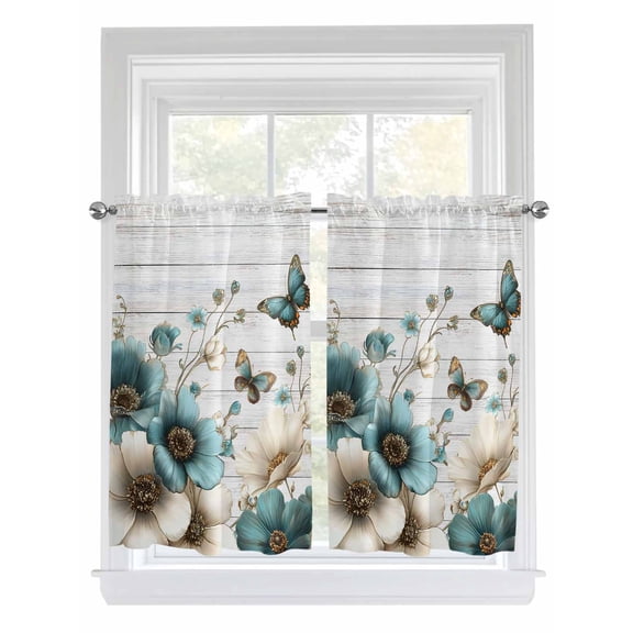 Teal Tulip Butterfly Bathroom Window Curtain, Beige Turquoise Floral Grey Wooden Light Filtering Coffee Kitchen Curtains, Bedroom Living Room Curtains 2 Panel 84"x45"