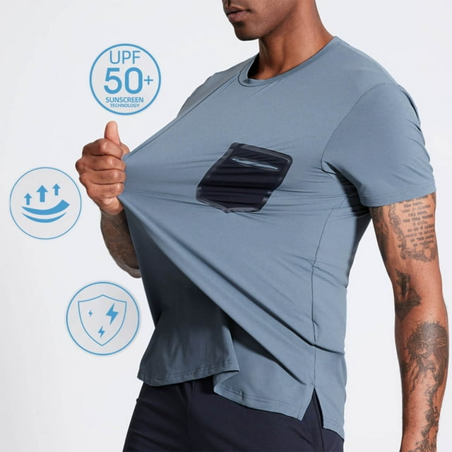 pstuiky camisetas de hombre, Camiseta deportiva de manga corta con cuello alto y bolsillos de color liso para hombre, informal, elástica, a la moda ropa de hombre xxxl