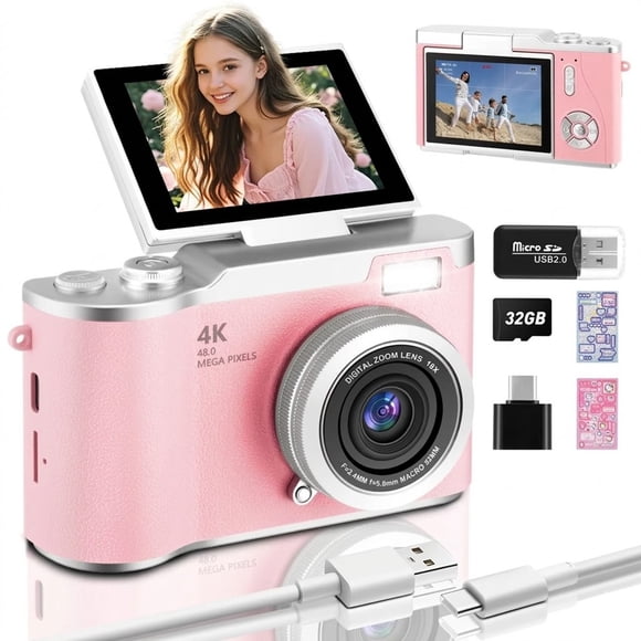 Beaowink Cámara 48MP 4K, Pantalla Volteable 180°, Zoom 8x, Filtros+Flash, Recargable c/32GB, Rosa Pequeña para Niños