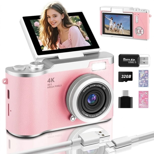 Beaowink Cámara 48MP 4K, Pantalla Volteable 180°, Zoom 8x, Filtros+Flash, Recargable c/32GB, Rosa Pequeña para Niños