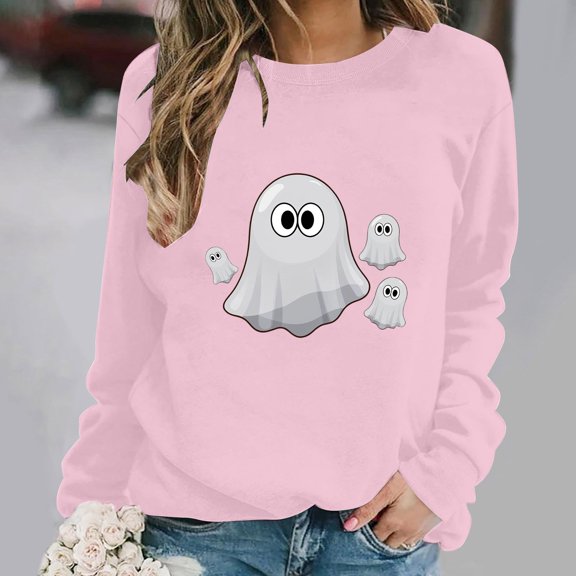 thefmos Women's Round Neck Halloween Print Pullover Sweatshirt Long Sleeve Solid Color Casual Top Fashion Fall Spooky Season Outfit, Pink XL