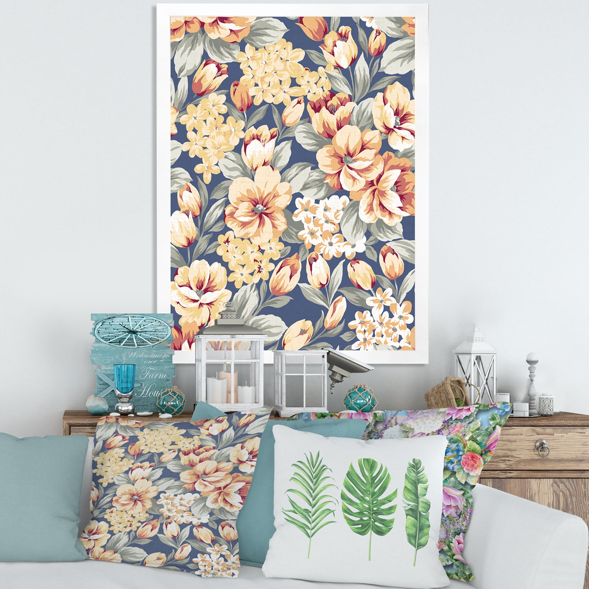 Designart 'Vintage Orange and Yellow Flowers' Traditional Framed Art Print