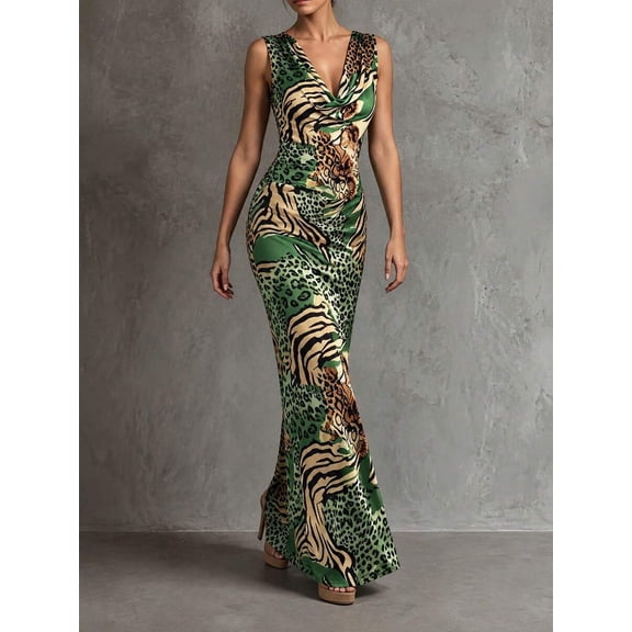 Cévolie Womens Sleeveless V-Neck Green Animal Print Maxi Dress