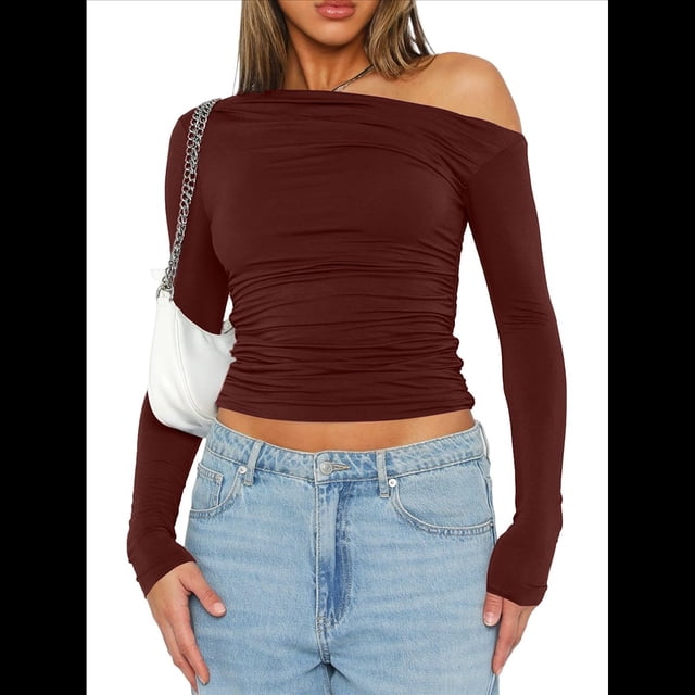 Blusa Informal de Larga con Cuello y Hombros Descubiertos para Mujer, Ajustada, para Salir, Estilo Y2K Vino Tinto XS