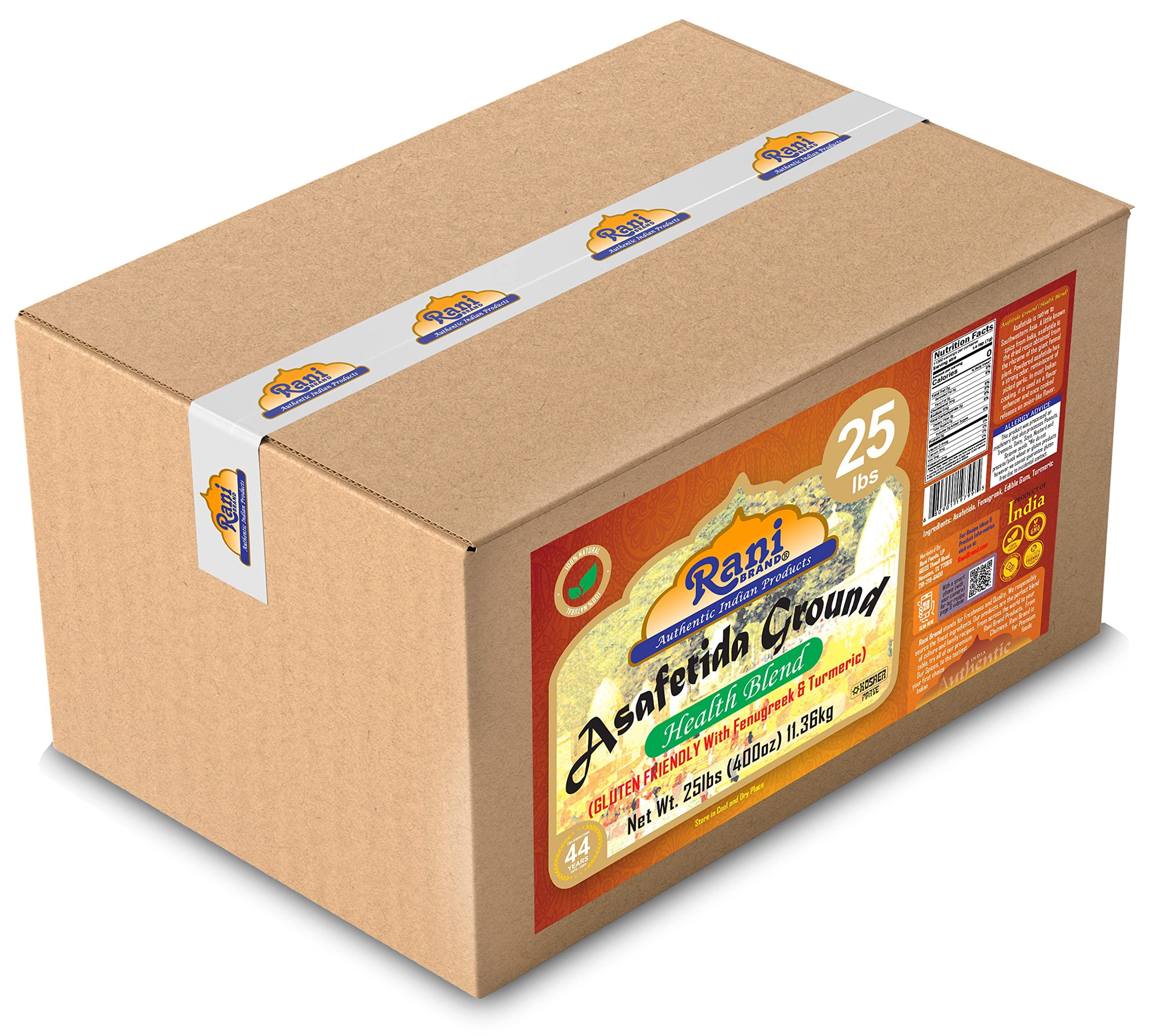 Rani Asafetida (Hing) Ground Health Blend w/ Fenugreek and Turmeric 400oz (25lbs) 11.36kg Bulk Box ~ All Natural | Salt Free | Vegan | Kosher | Asafoetida Indian Spice | Best for Onion Garlic Substitu